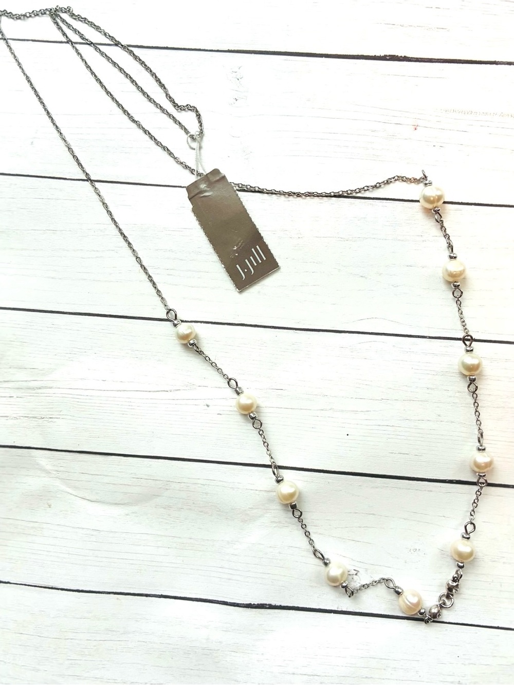 NEW NWT J. Jill Silver Chain Cream Pearl Station Necklace $29 Retail Tag